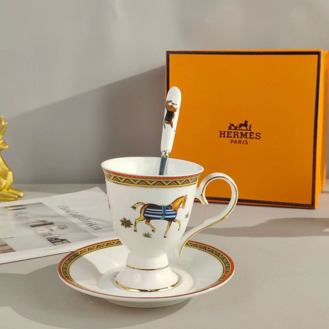 Hermes Bone China Coffee High foot Trophy 3-piece set vintage - Image 2 of 6